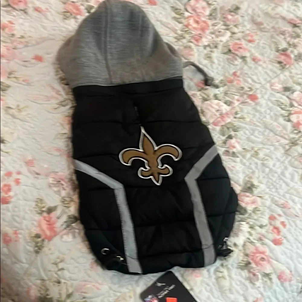 Black and Gray Hooded Dog Jacket with Fleur-de-lis